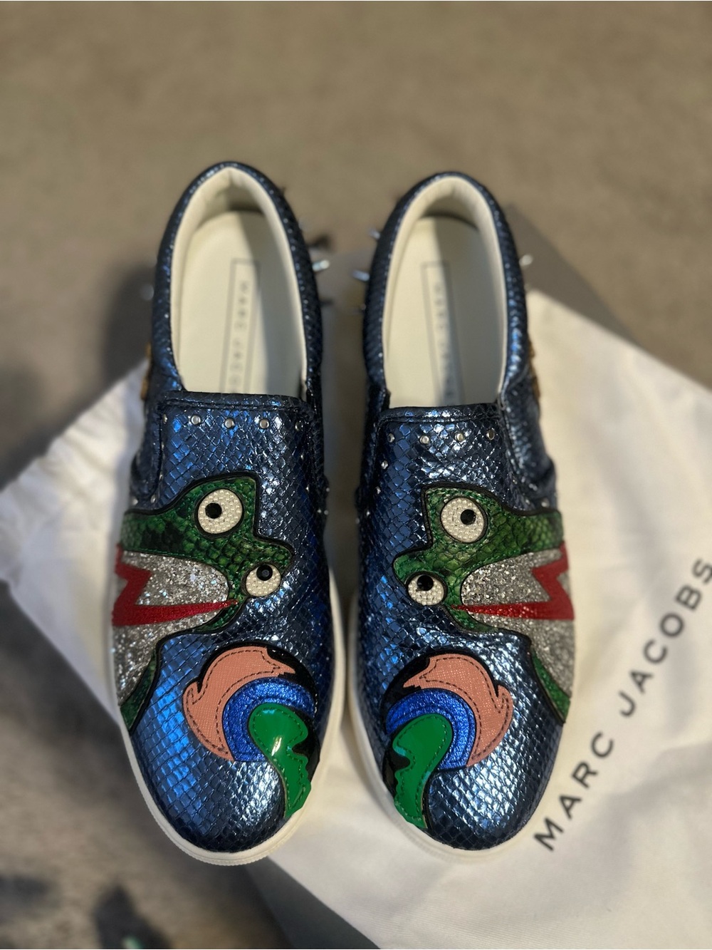Marc Jacobs Metallic Blue Slip-On Sneakers with Colorful Patch Details